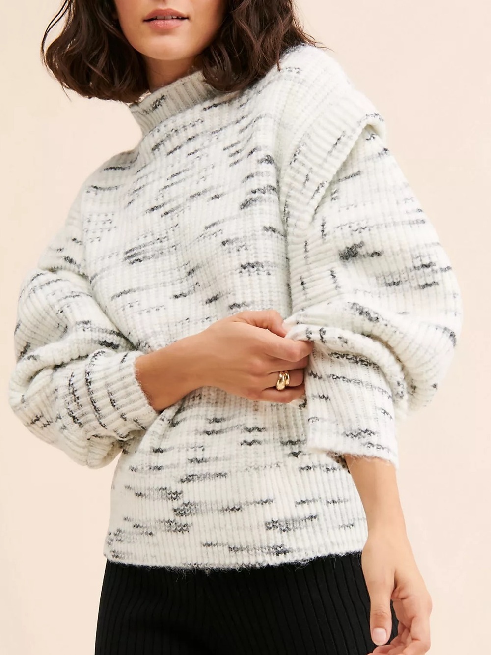 Varley Belgrave Sweater Black White Mockneck Wool Blend Baloon Sleeve Size S